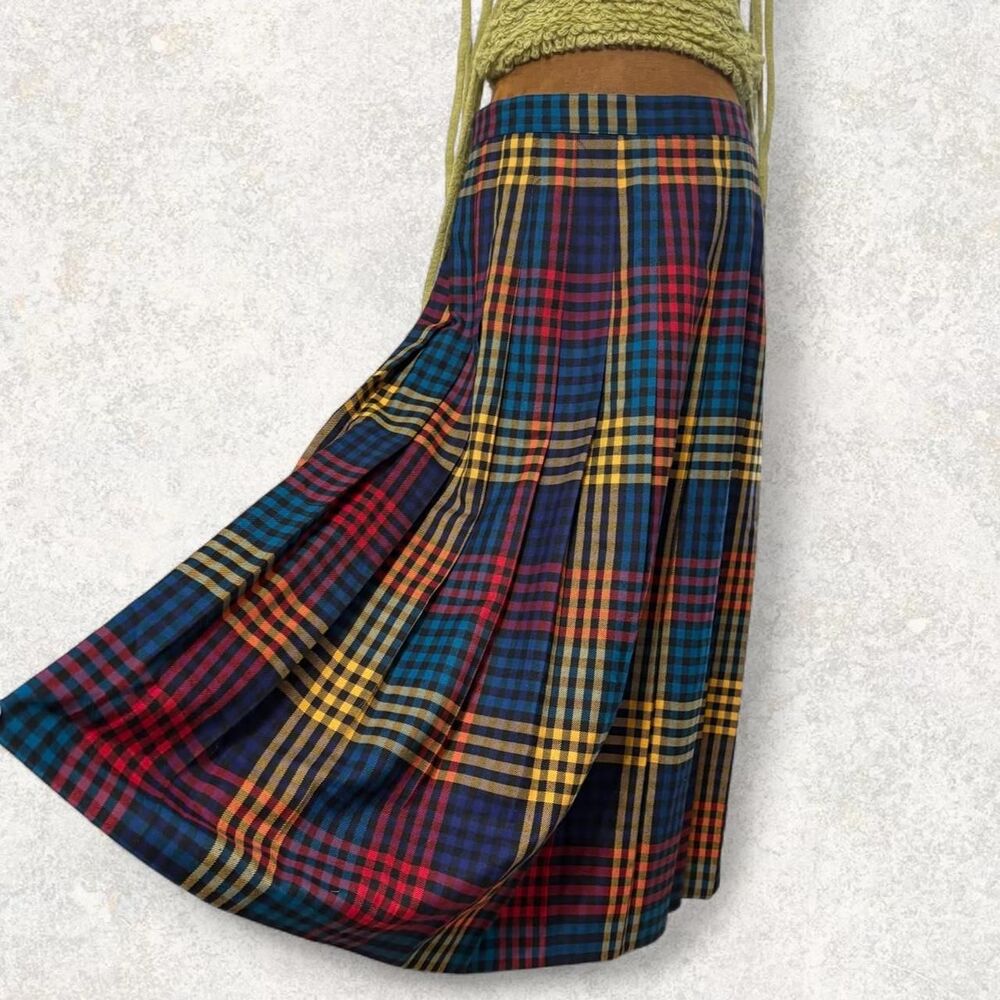Vintage 70s Vintage Academia Plaid Pleated Retro Wool Blend Skirt
